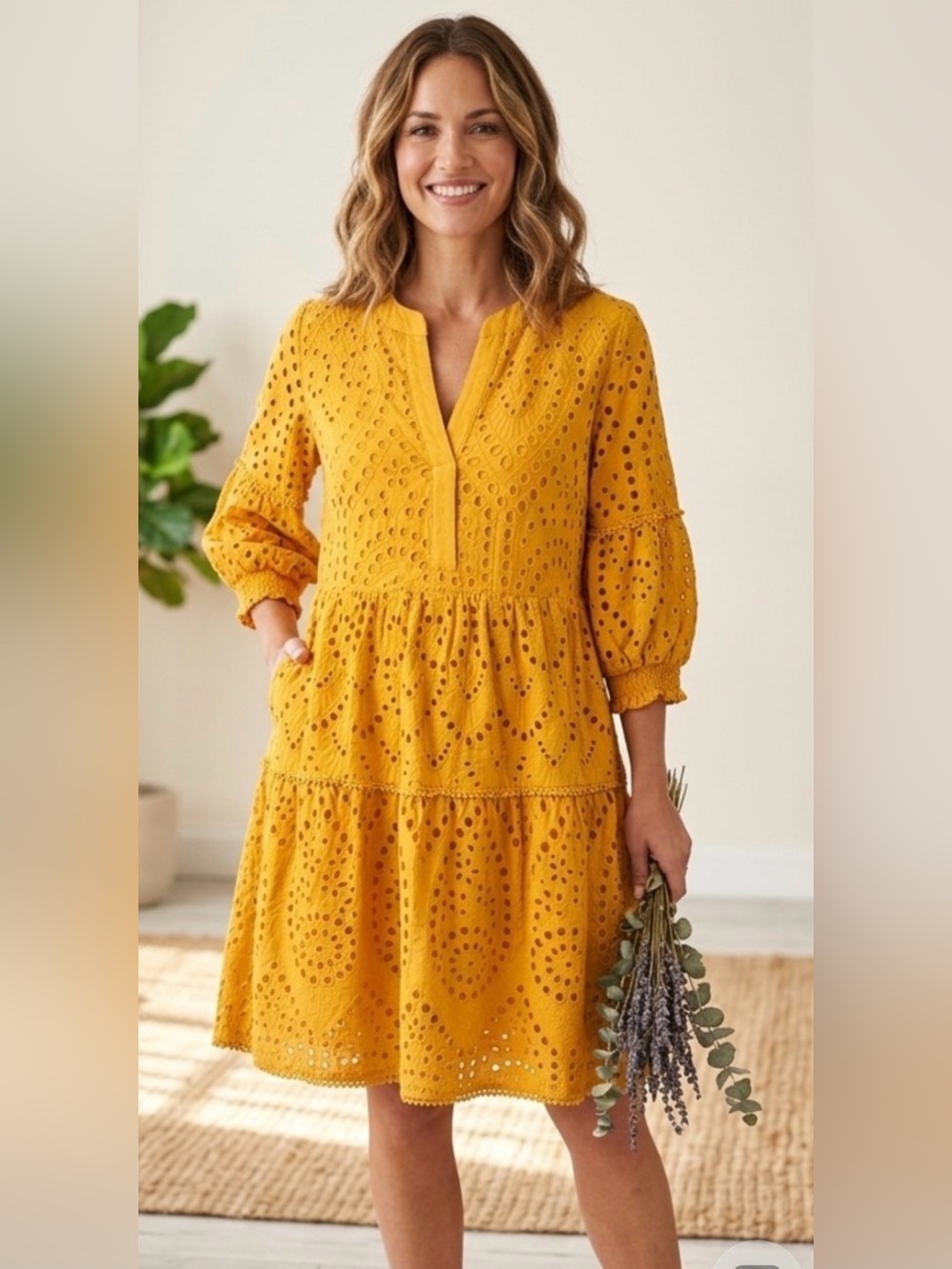 Chico's Yellow Eyelet Tiered Long-Sleeve Dress